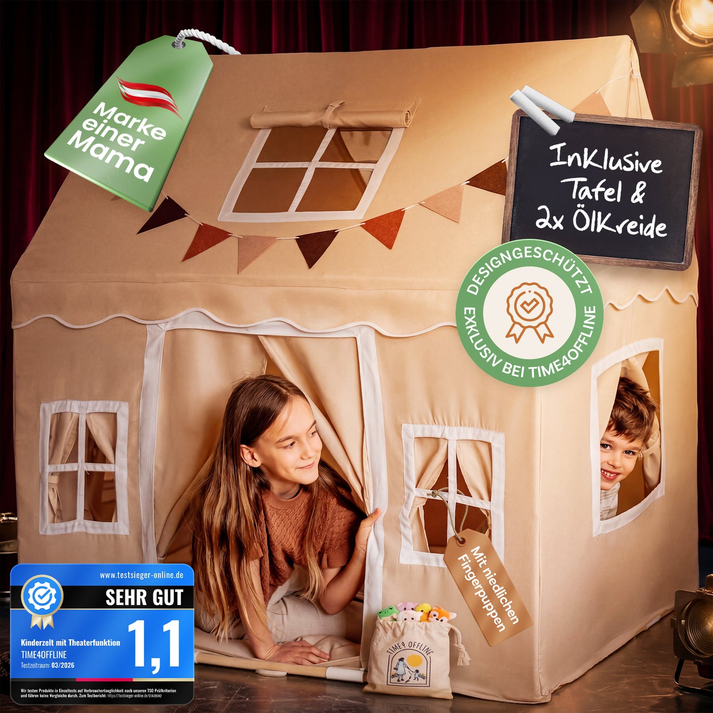 TIME4OFFLINE® Premium Kinderspielzelt mit Puppentheater, 5 cm Komfortmatte & Fingerpuppen