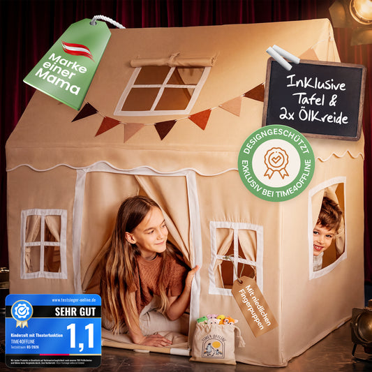 TIME4OFFLINE® Premium Kinderspielzelt mit Puppentheater, 5 cm Komfortmatte & Fingerpuppen
