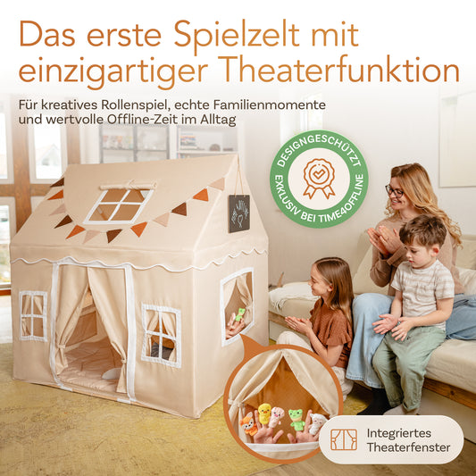TIME4OFFLINE® Premium Kinderspielzelt mit Puppentheater, 5 cm Komfortmatte & Fingerpuppen