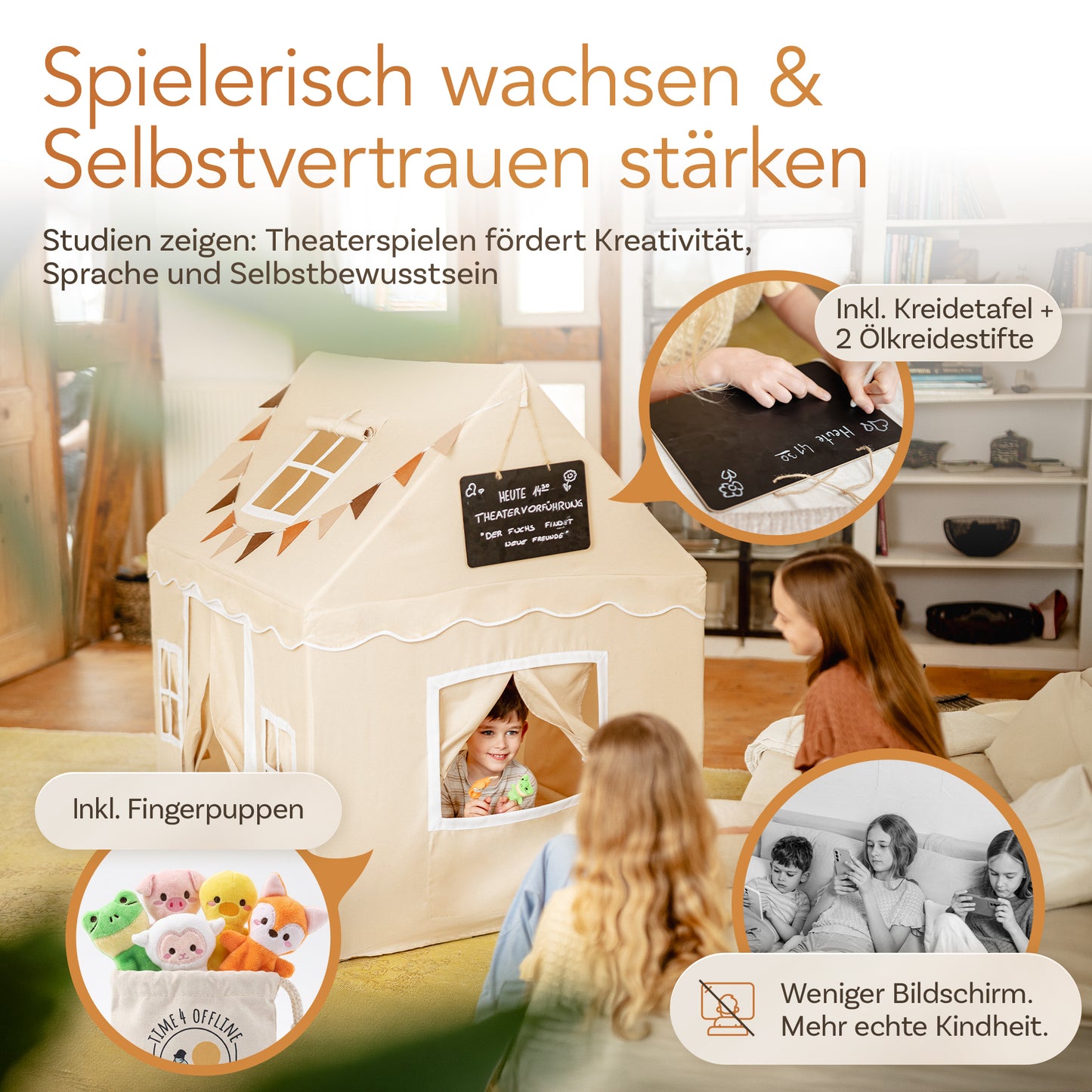 TIME4OFFLINE® Premium Kinderspielzelt mit Puppentheater, 5 cm Komfortmatte & Fingerpuppen