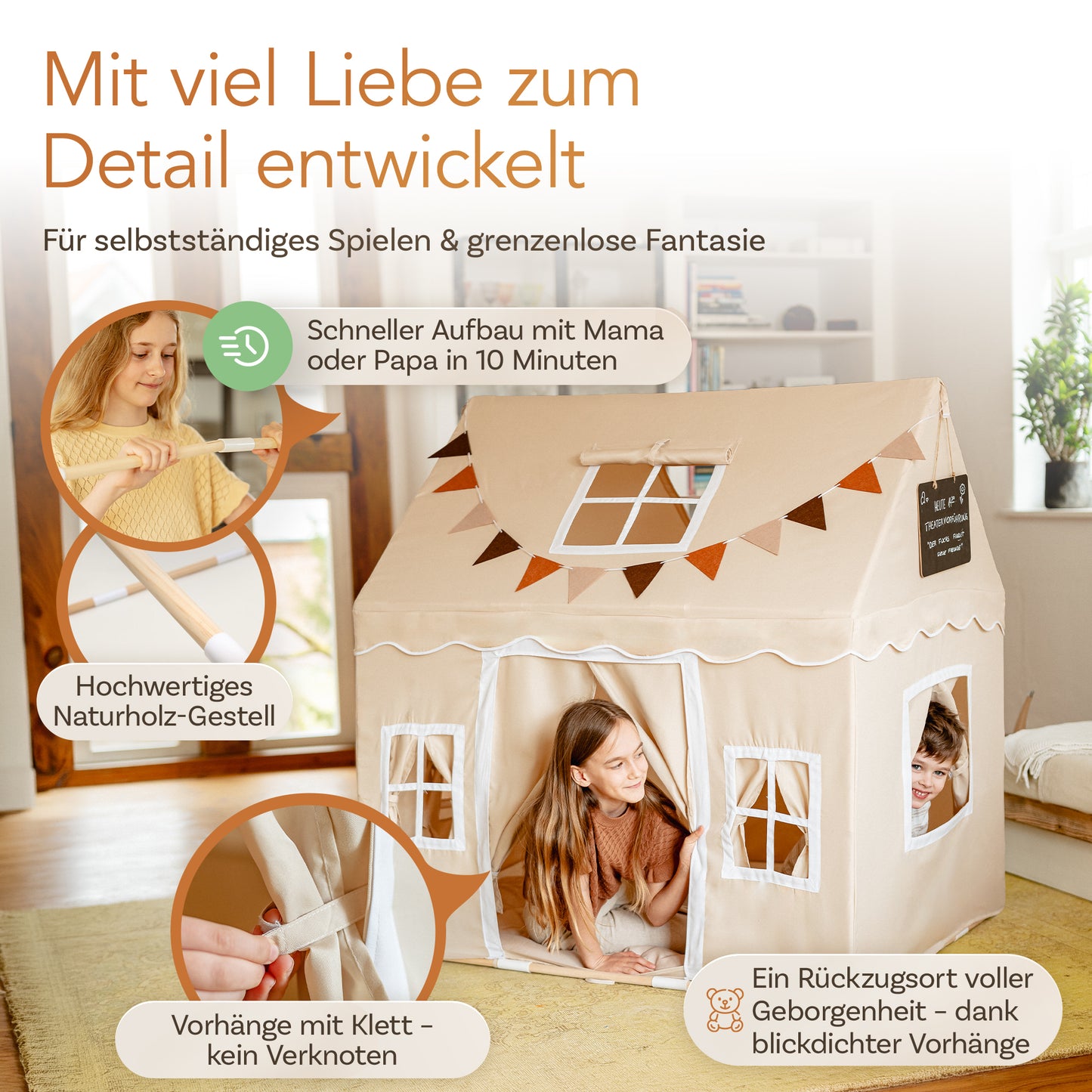 TIME4OFFLINE® Premium Kinderspielzelt mit Puppentheater, 5 cm Komfortmatte & Fingerpuppen
