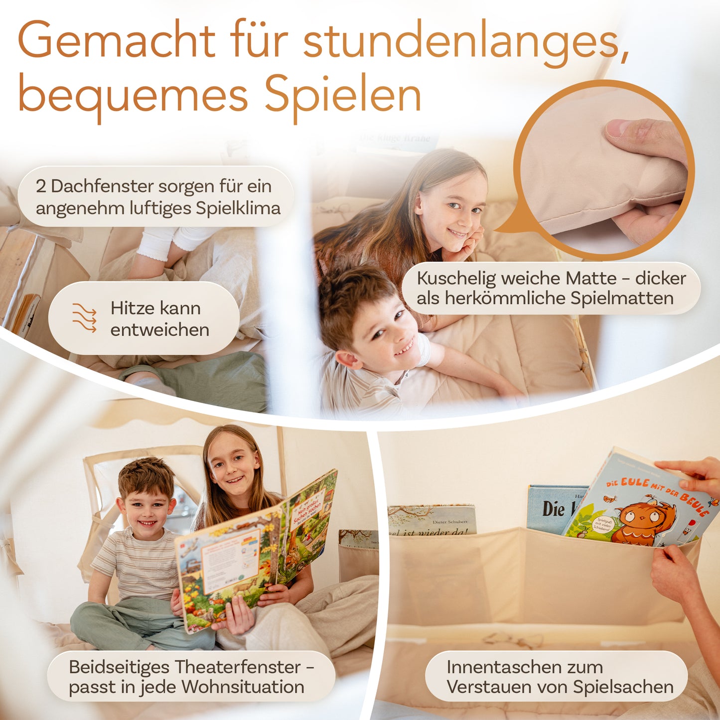 TIME4OFFLINE® Premium Kinderspielzelt mit Puppentheater, 5 cm Komfortmatte & Fingerpuppen