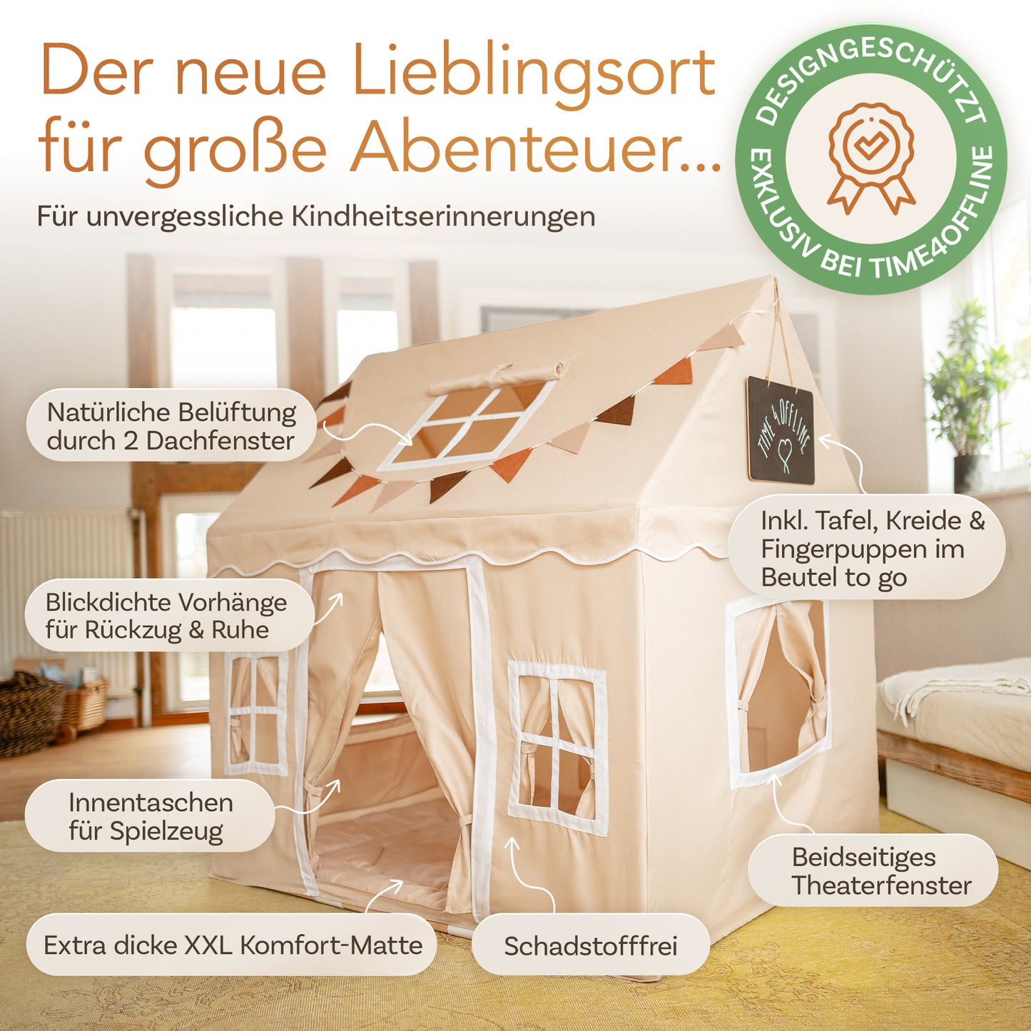TIME4OFFLINE® Premium Kinderspielzelt mit Puppentheater, 5 cm Komfortmatte & Fingerpuppen