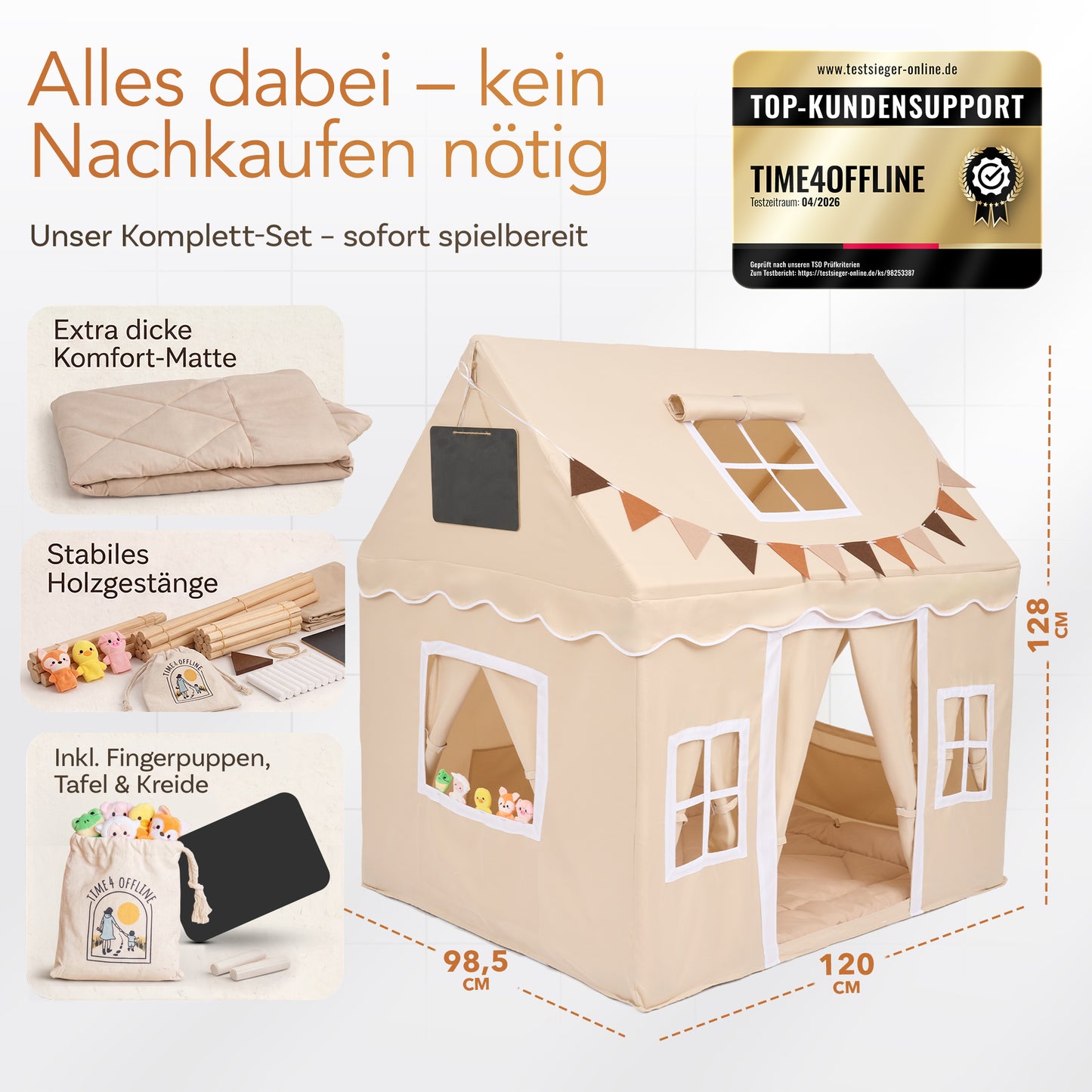 TIME4OFFLINE® Premium Kinderspielzelt mit Puppentheater, 5 cm Komfortmatte & Fingerpuppen
